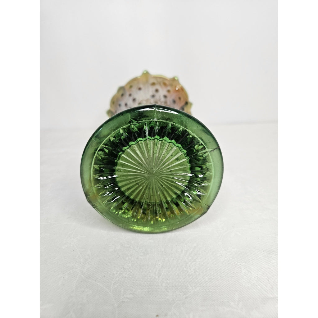 Vintage Northwood Green Carnival Stretch Squat Tree Trunk 7-1/2” Vase