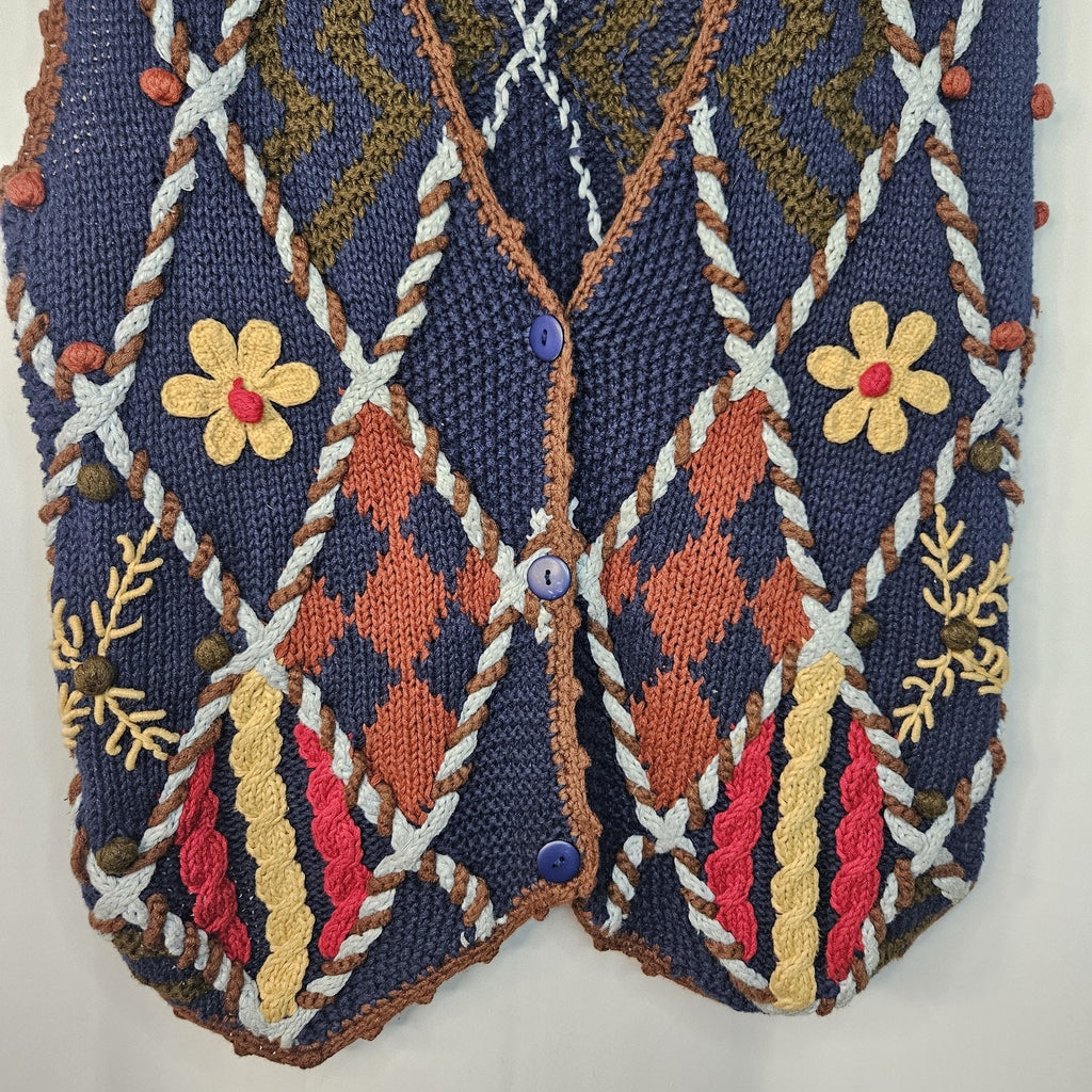 Vintage 1990s Womens Blue Floral Chunky Granny Knit Sweater Vest Small Cottage