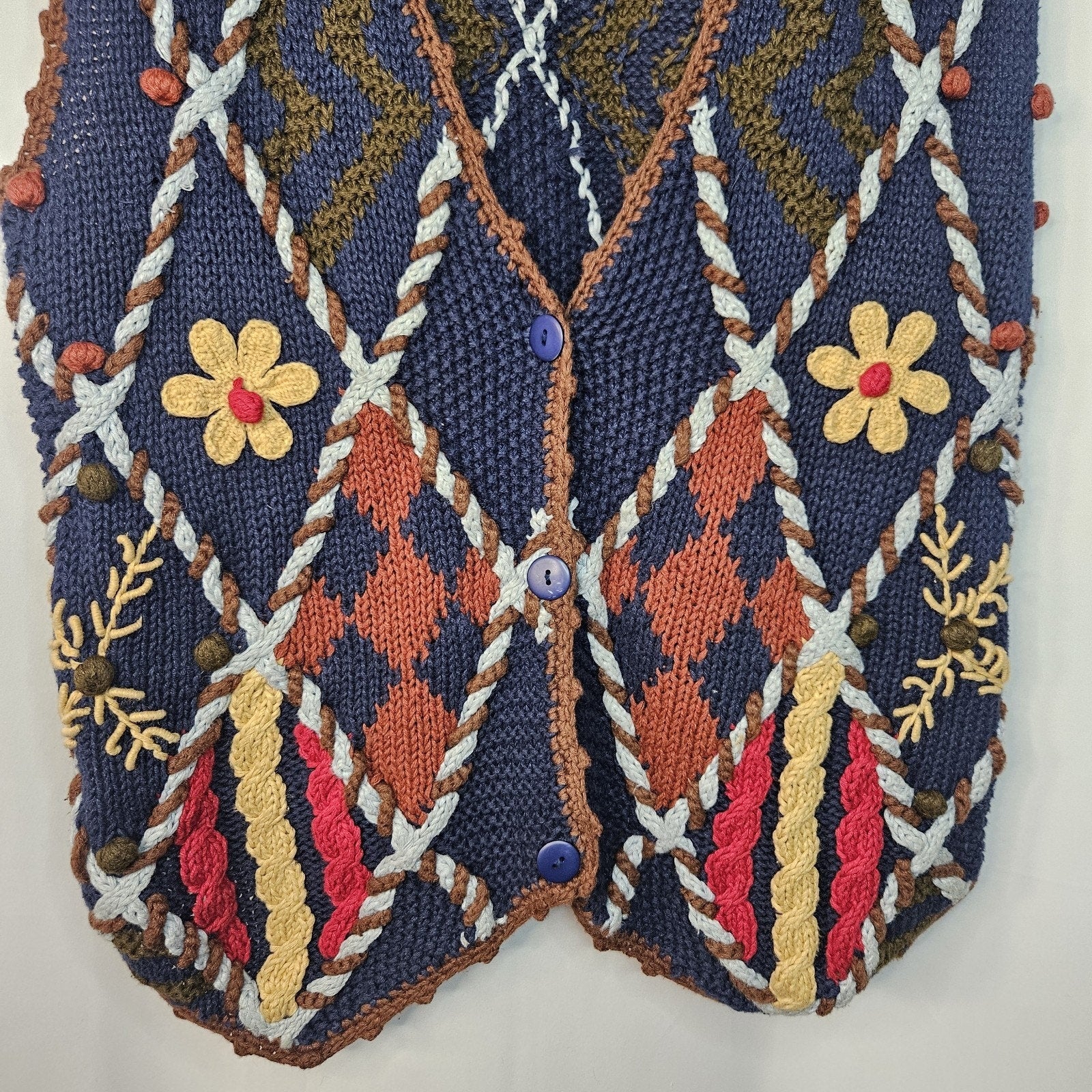 Vintage 1990s Womens Blue Floral Chunky Granny Knit Sweater Vest Small Cottage