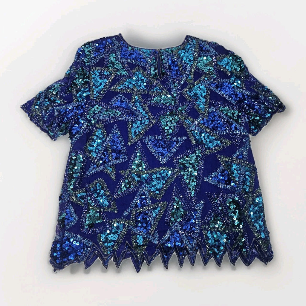 Sequin Beaded Silk Top 90s Vintage Blue Green Blouse Gatsby Glam Party Large