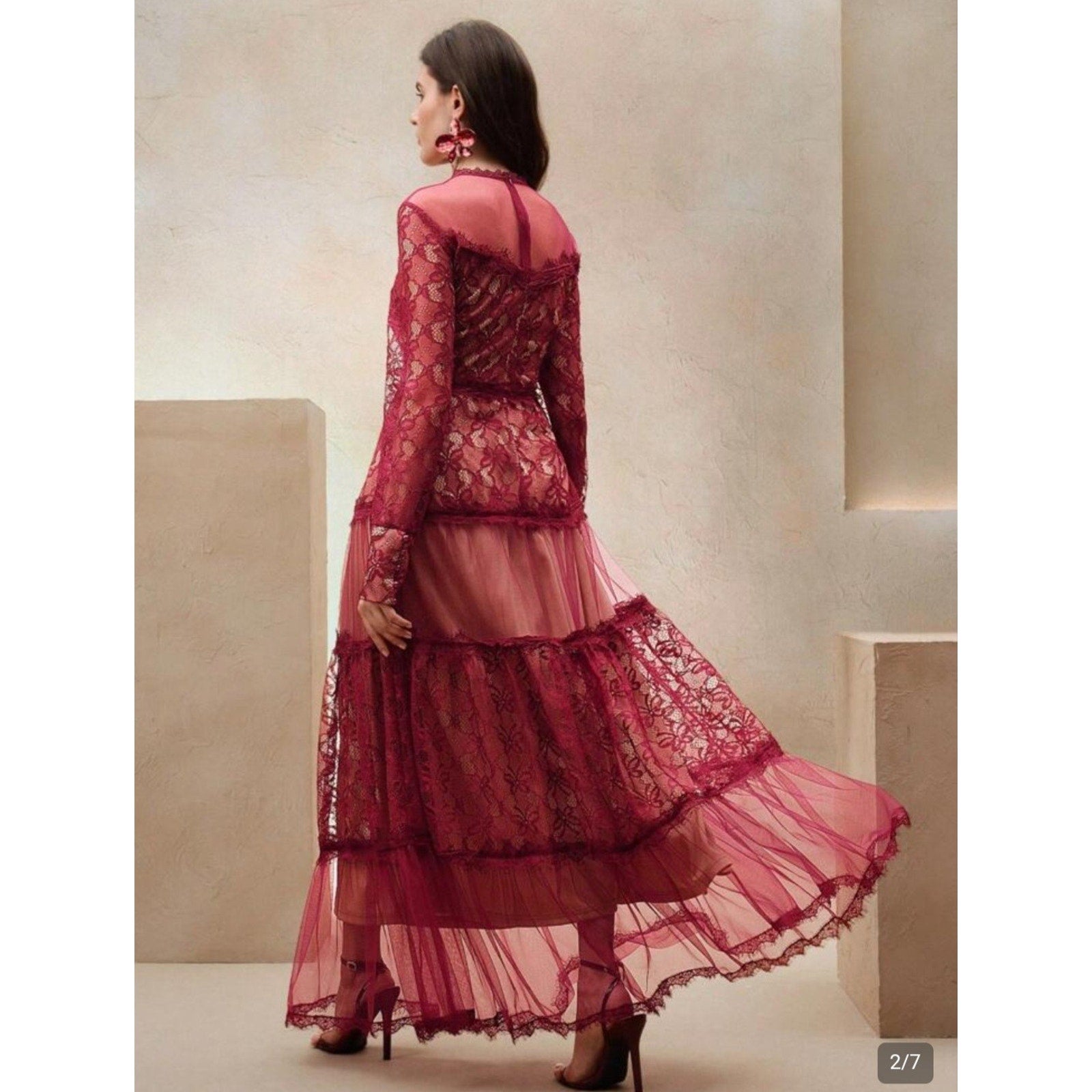 Sheer Mesh Contrast Lace Hollow Embroidered Mesh Waist-Cinched Maxi Large Red Dress