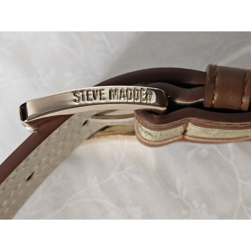 Nwt Steve Madden Faux Leather Gold Canvas Cognac Womens Belt XL 39" 1.75"