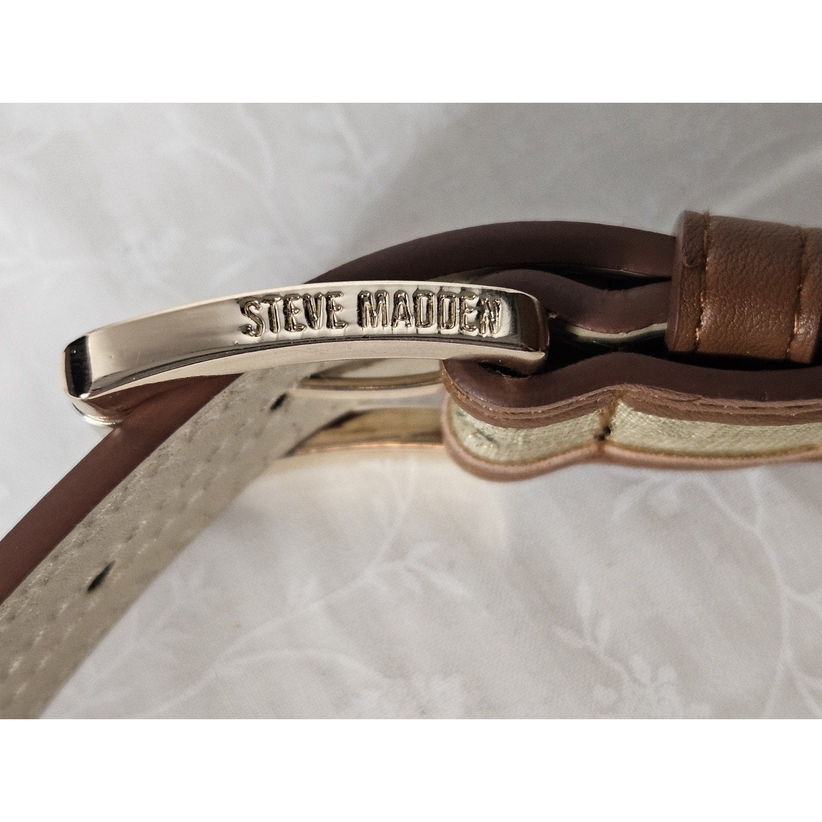 Nwt Steve Madden Faux Leather Gold Canvas Cognac Womens Belt XL 39" 1.75"