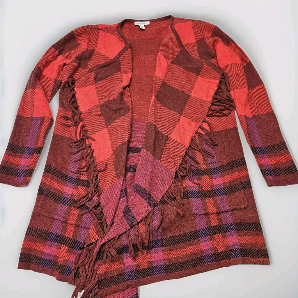 Isaac Mizrahi Red Multi Plaid Fringe Trim Open Front Cardigan Sweater Small
