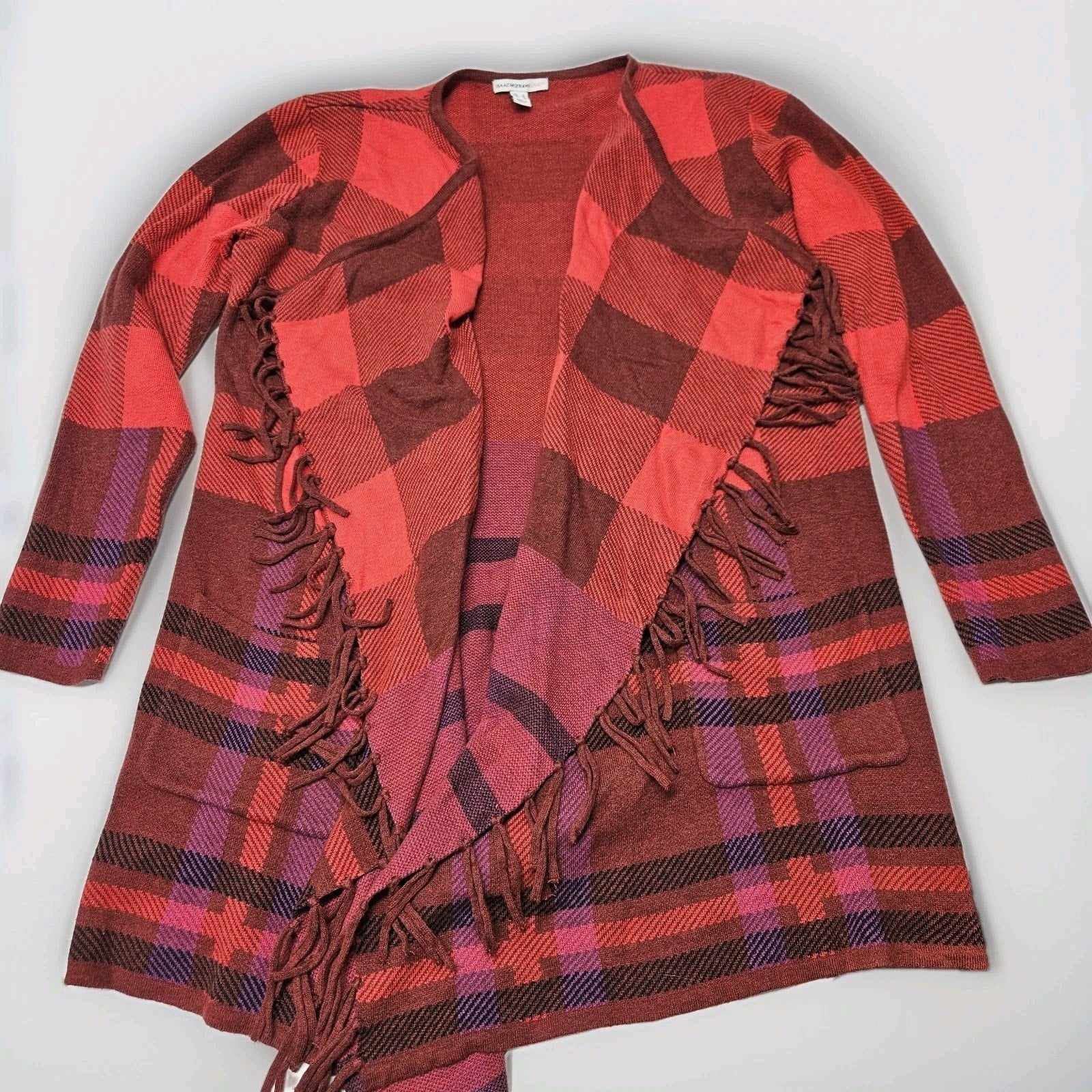 Isaac Mizrahi Red Multi Plaid Fringe Trim Open Front Cardigan Sweater Small
