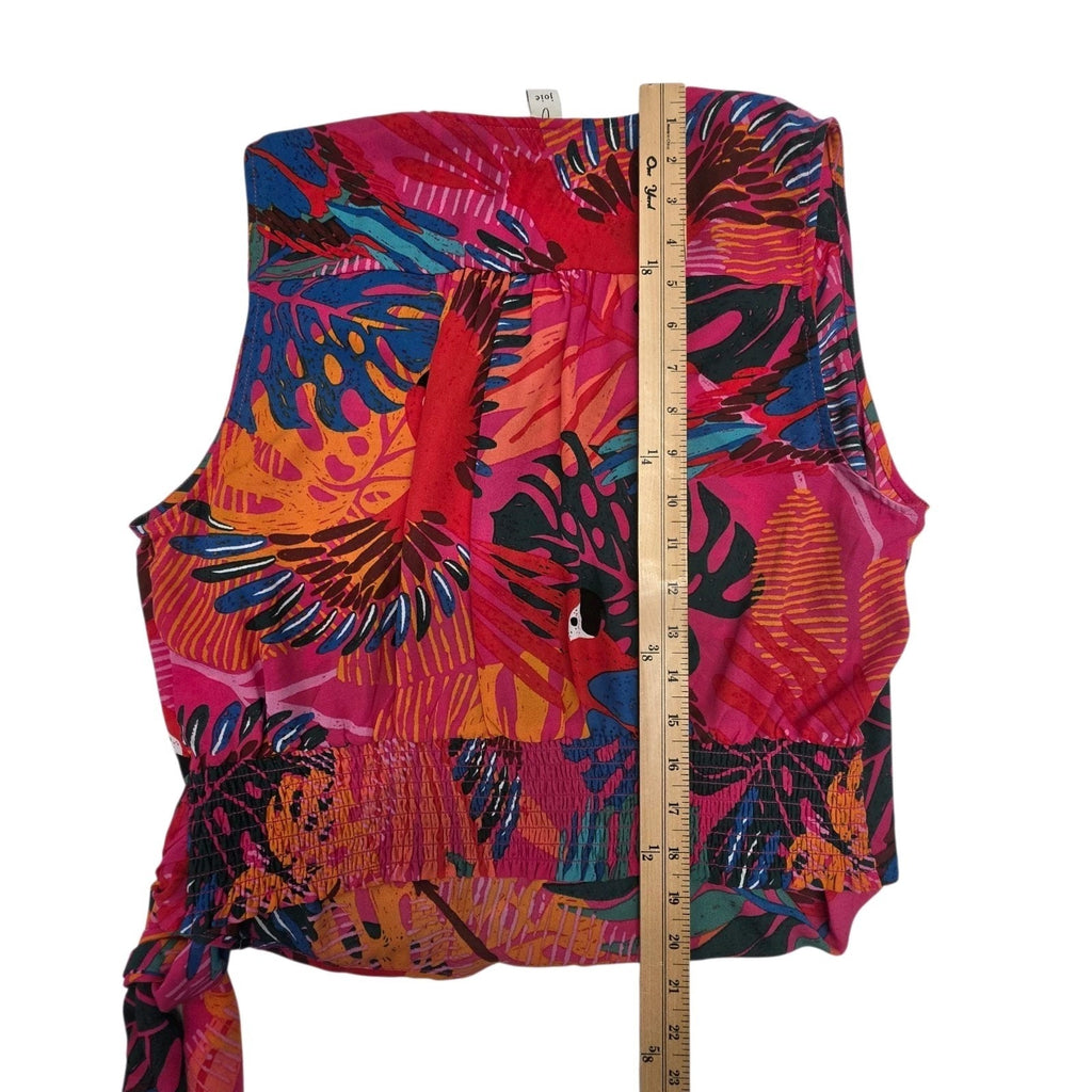 Joie Tropical Print Button and Tie Front Cropped Puff Sleeve Blouse Sz L Resort