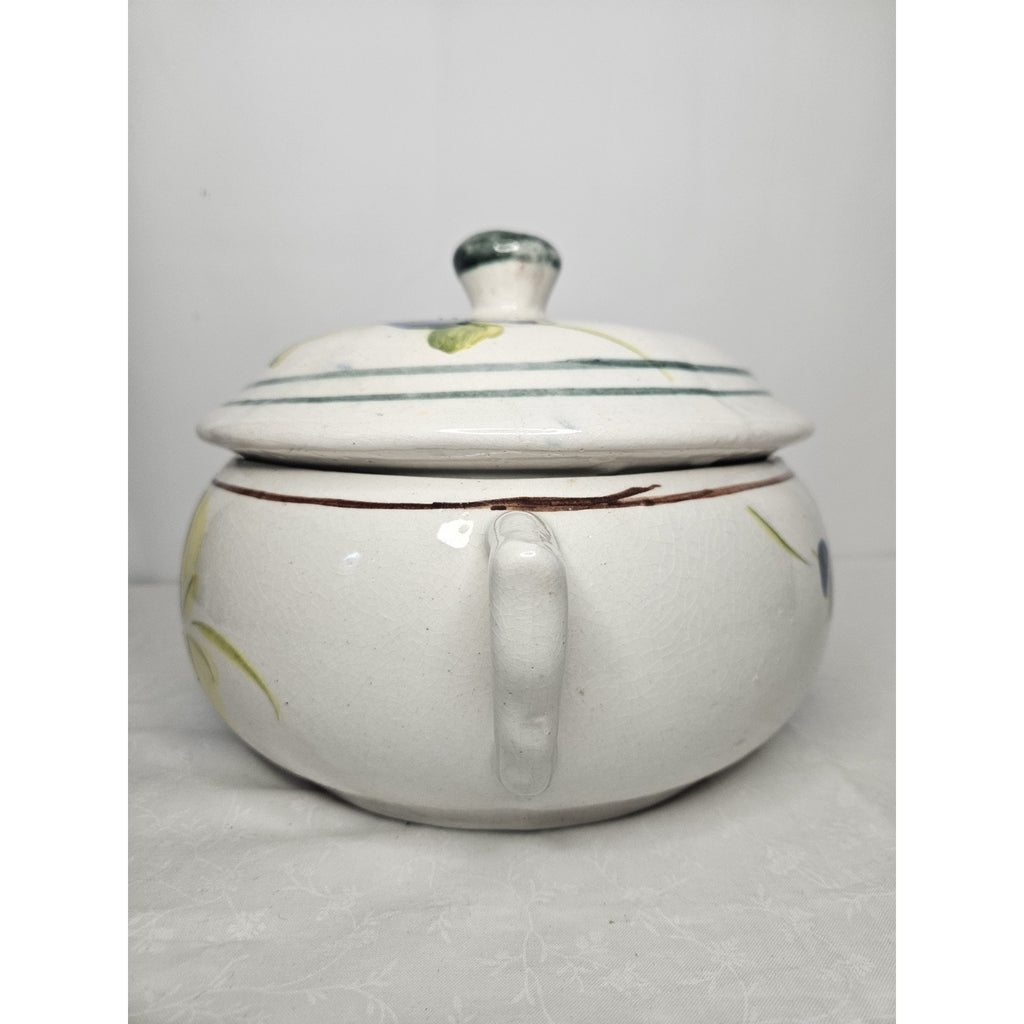 Vtg Mexican Hand Made Painted Decorative Lidded Bean Pot Blue Floral Casserole