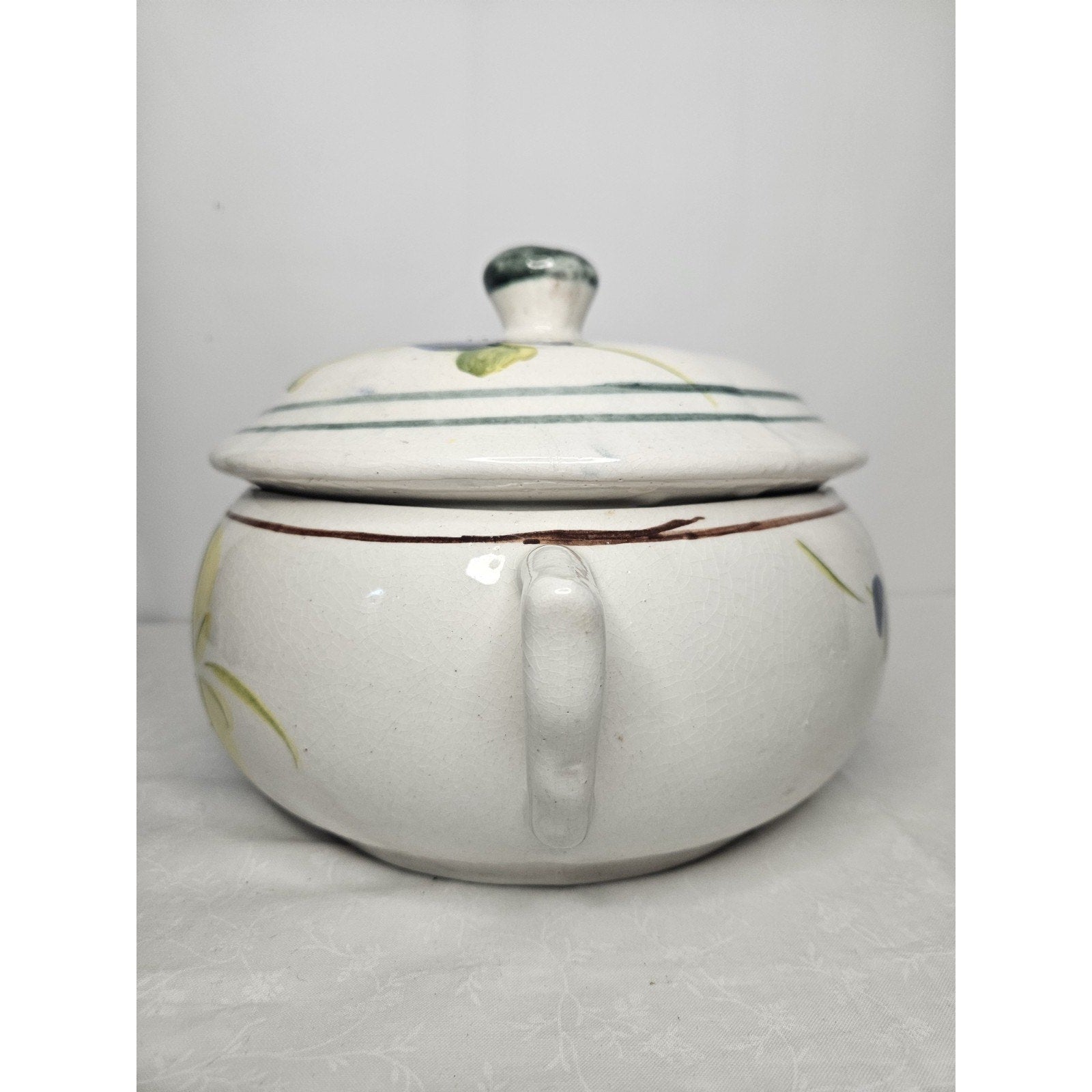 Vtg Mexican Hand Made Painted Decorative Lidded Bean Pot Blue Floral Casserole