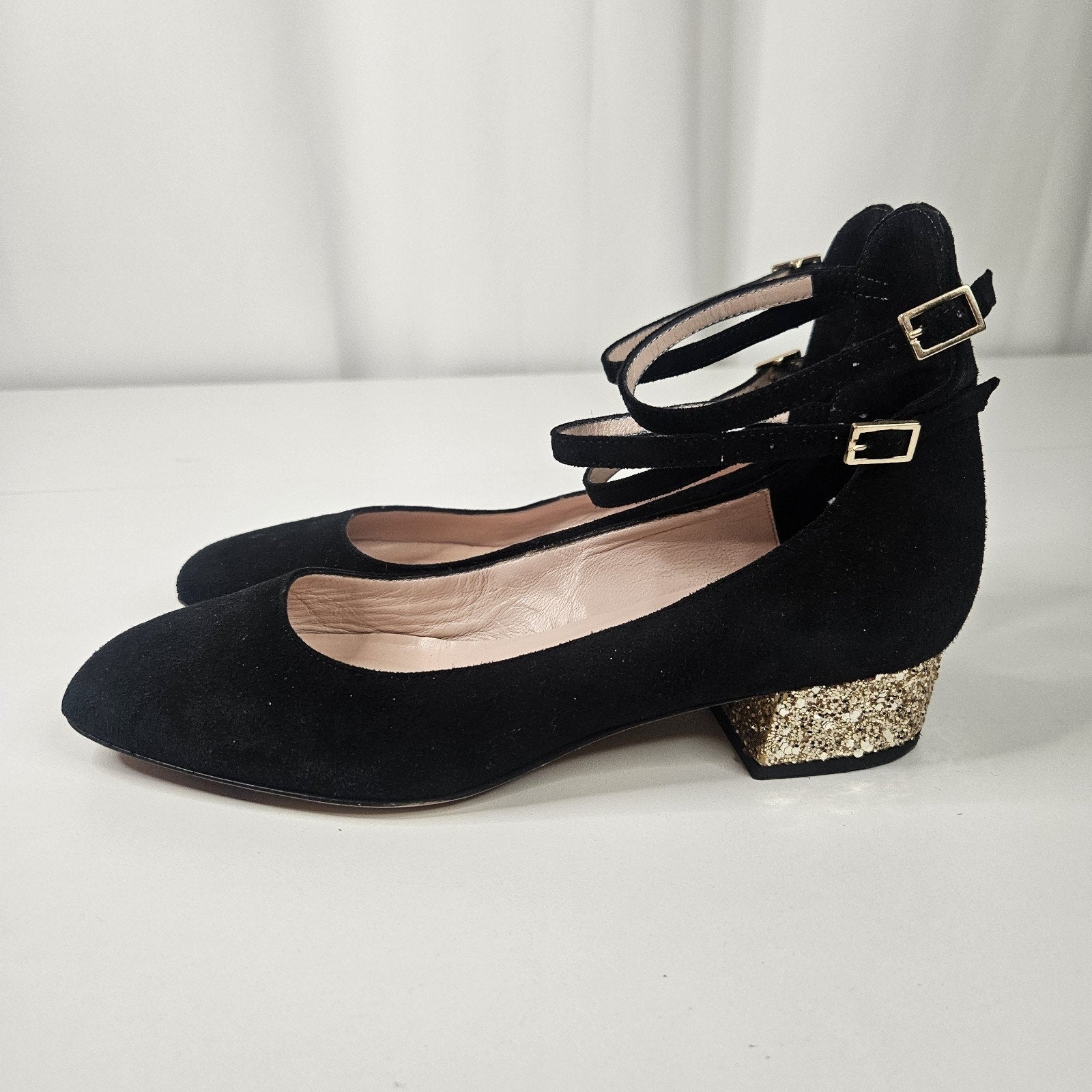 Kate Spade Black Mary Jane Suede Gold Glitter Block Shoe 6M Dbl Strap Square Toe