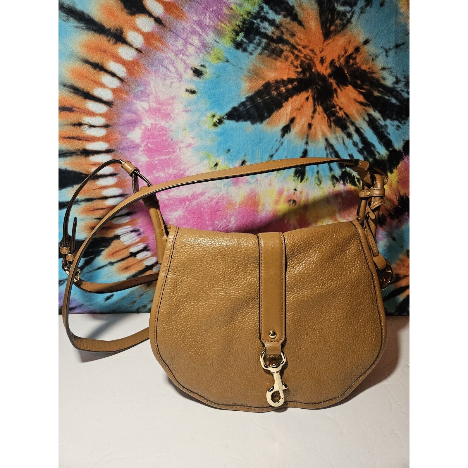Michael Kors Jamie Large Tan Acorn Leather Saddle Bag Crossbody Purse