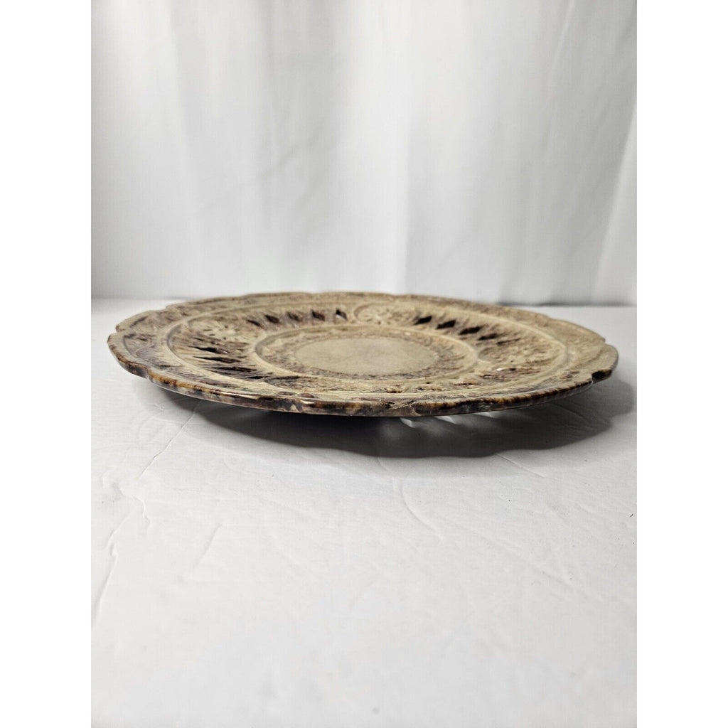 Art Pottery Glazed Vintage Ornate Plate 11.5 3729 Brown Tan