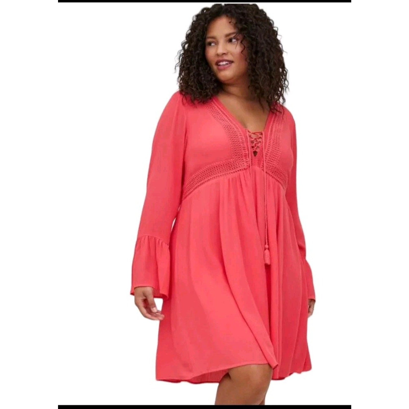 NWT Torrid Skater Dress Size 1X 14-16 Mini Gauze Lace-Up Berry Pink Rayon Flare