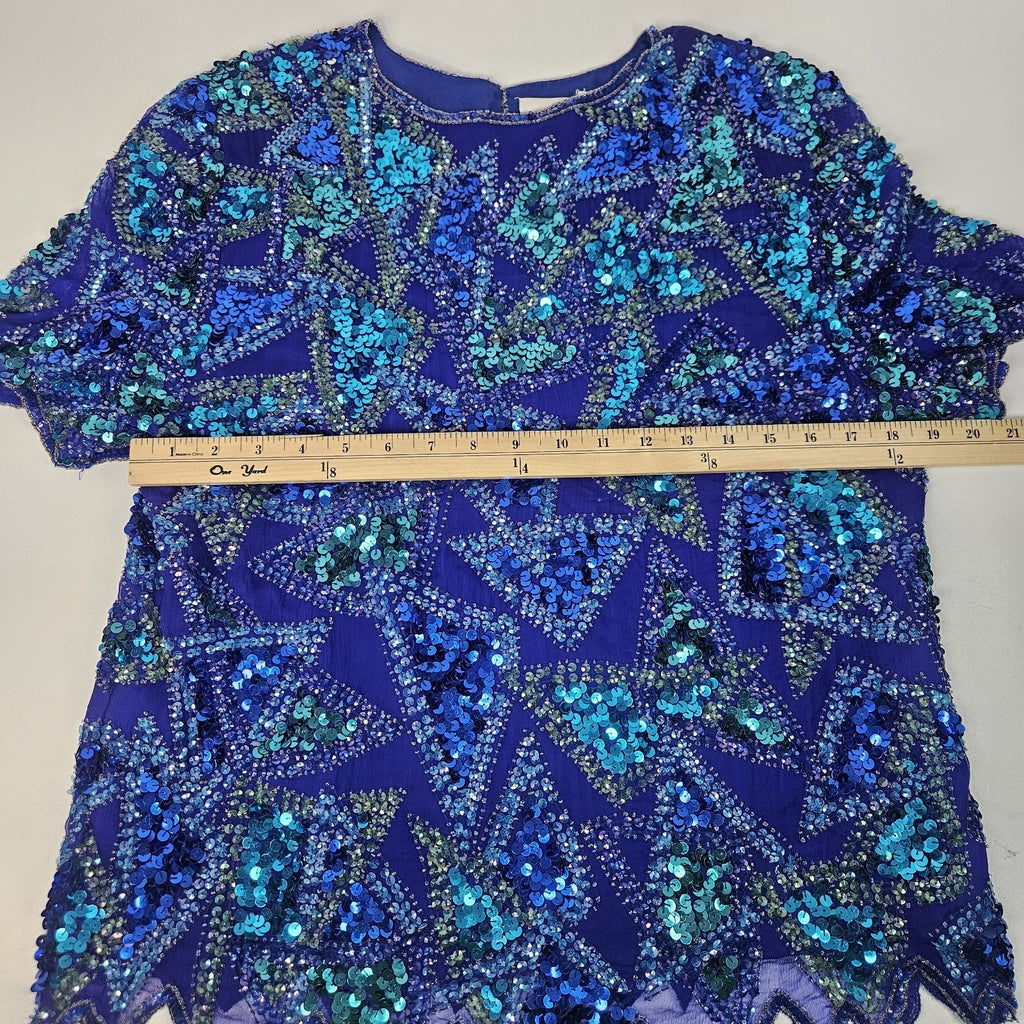 Sequin Beaded Silk Top 90s Vintage Blue Green Blouse Gatsby Glam Party Large