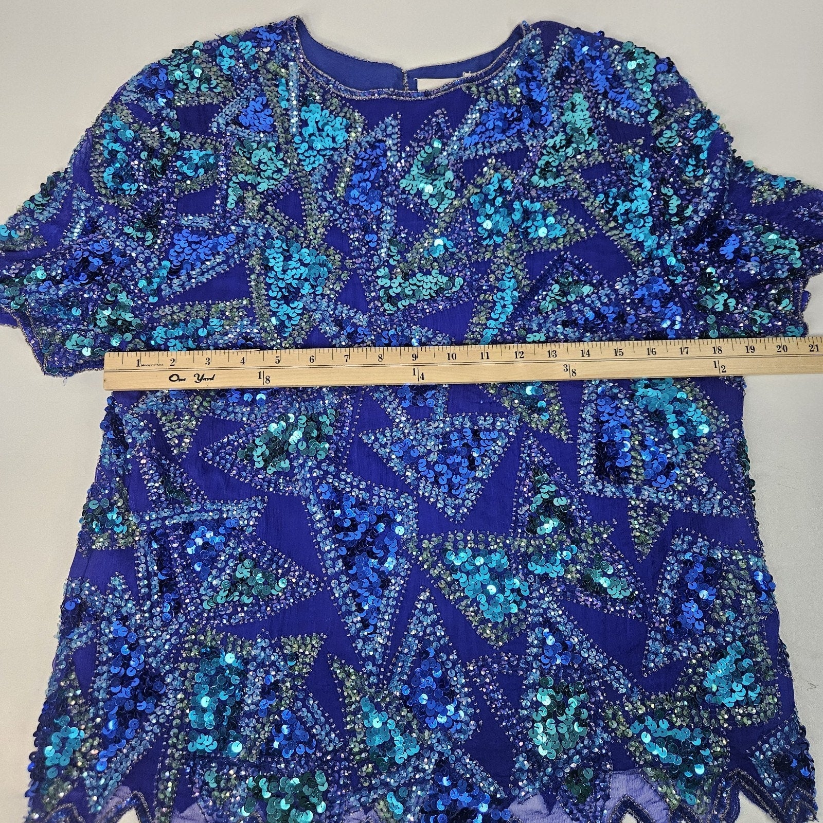 Sequin Beaded Silk Top 90s Vintage Blue Green Blouse Gatsby Glam Party Large