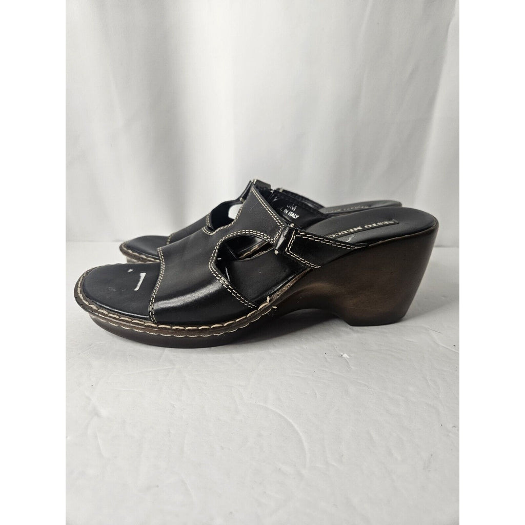 SESTO MEUCCI Soft Leather Wedge Sandal Black Sz 8 Made in ITALY Classic Slip-On