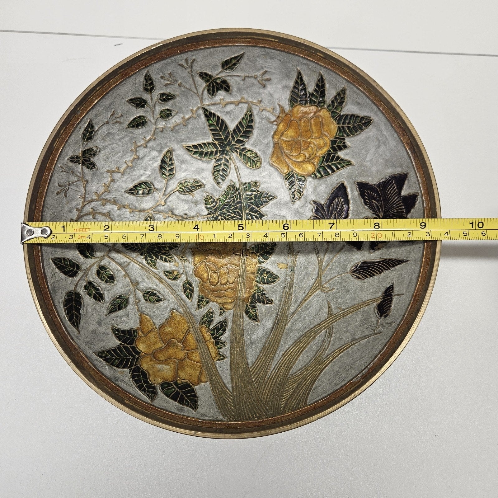 Vintage Brass Closionne Enamel Pedestal 9.5 Decorative Bowl India Floral