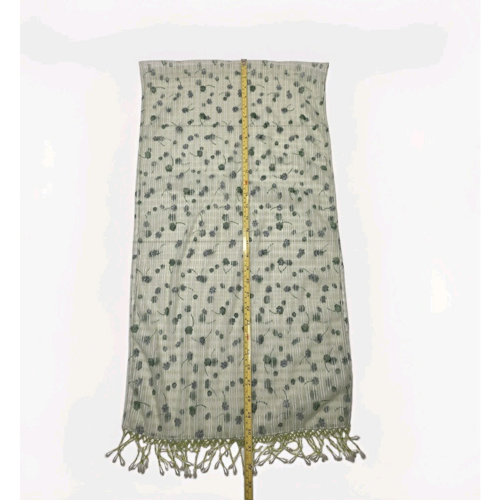 Vintage Chiffon Rectangle Scarf Beaded Fringe Light Green Metallic Flower 64x16"