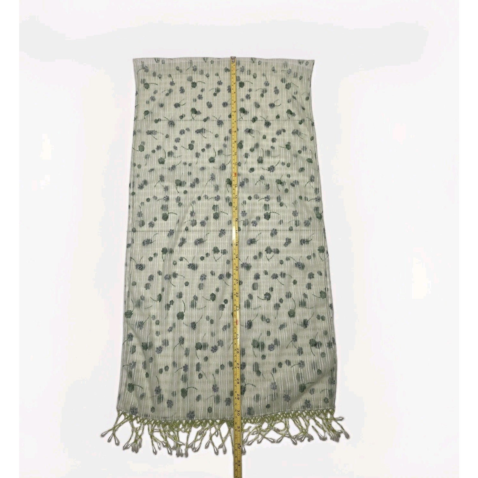 Vintage Chiffon Rectangle Scarf Beaded Fringe Light Green Metallic Flower 64x16"