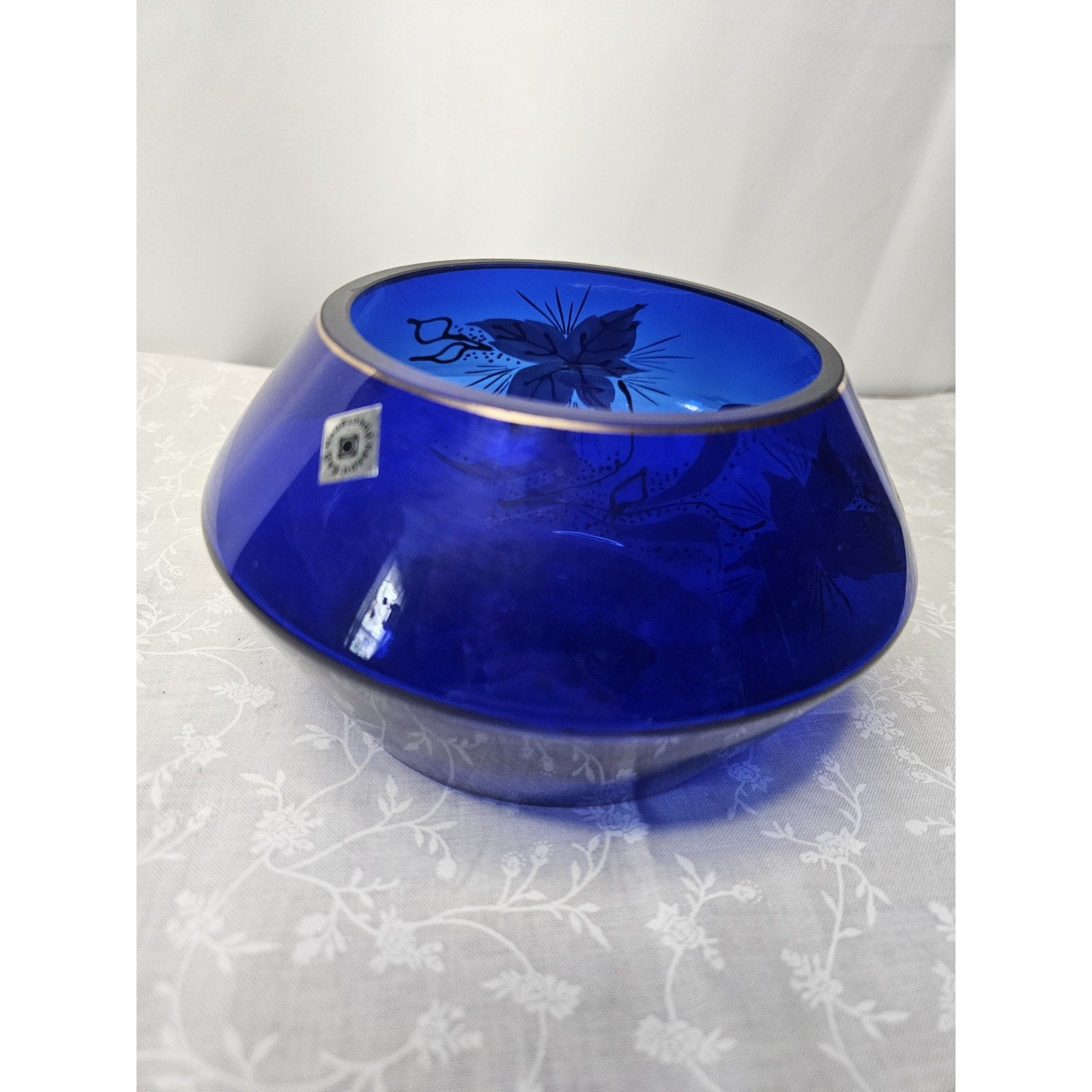 Bohemian Art Glass Short Vase in Cobalt Blue with Enameled Flowers & Gold Detail