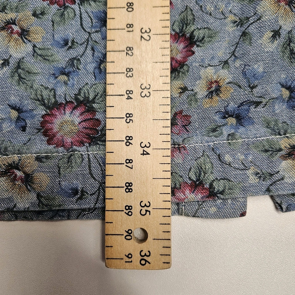 Vtg Y2K Denim Floral 100% Cotton Button Front XL Midi Skirt Pockets New Look