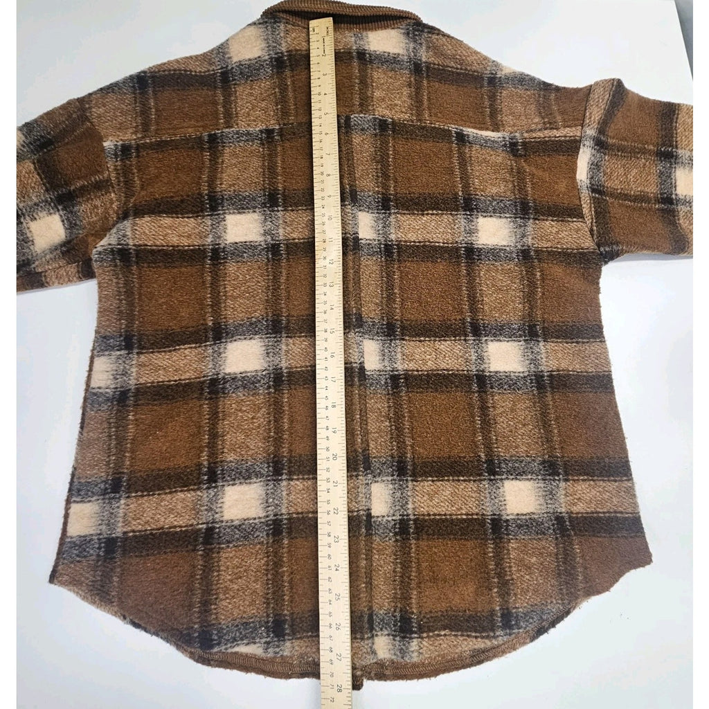 POL Brown Plaid Fleece Jacket Shacket Pockets Medium Barn Coat