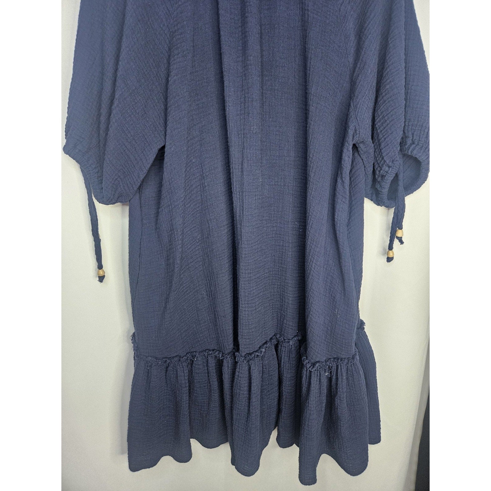 MILLIBON USA Dress Womens Large Tiered Navy Shirtdress Boho Cottagecore