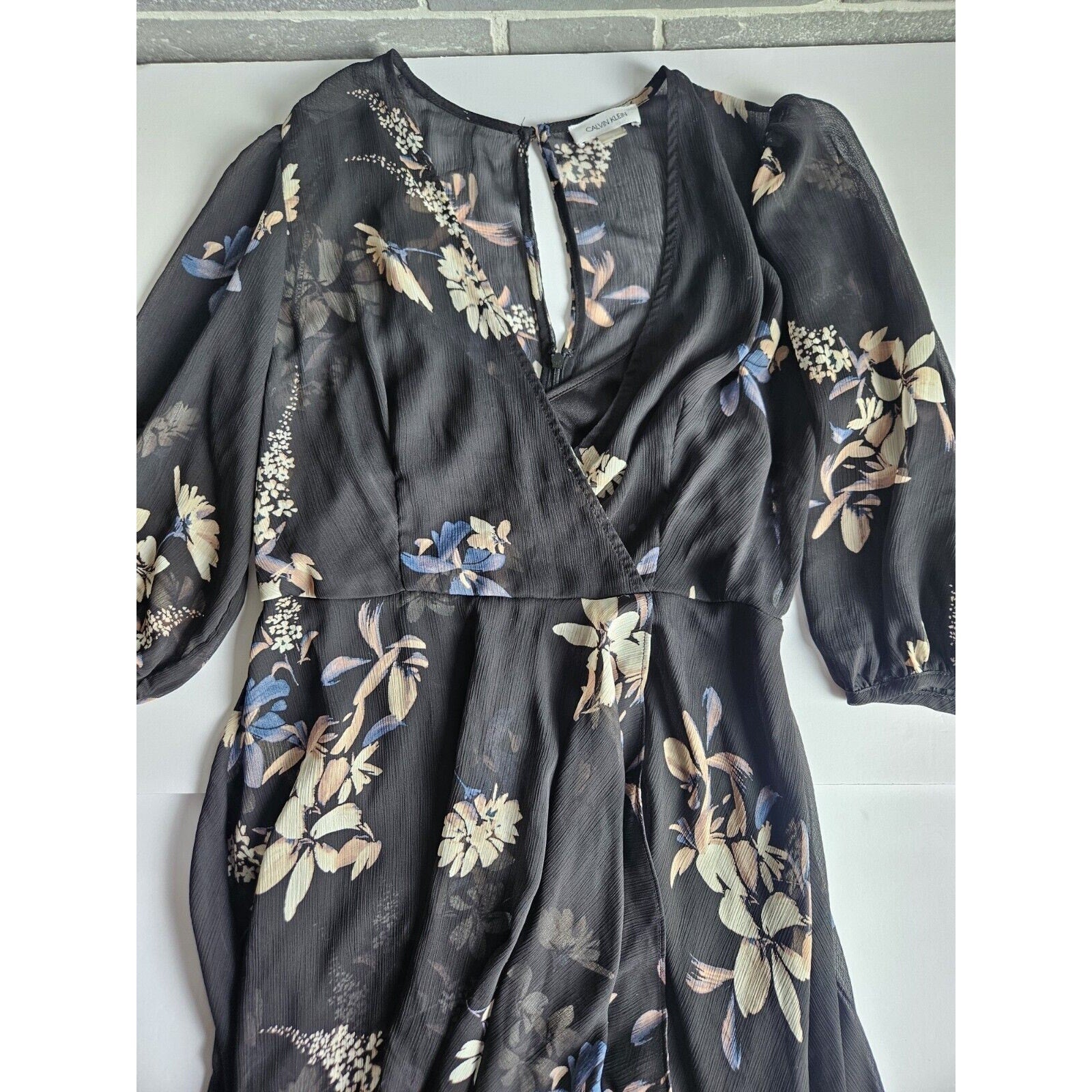 Calvin Klein Black Floral Chiffon Overlay Hi Low Flowy Sz 4 Mid Length Dress