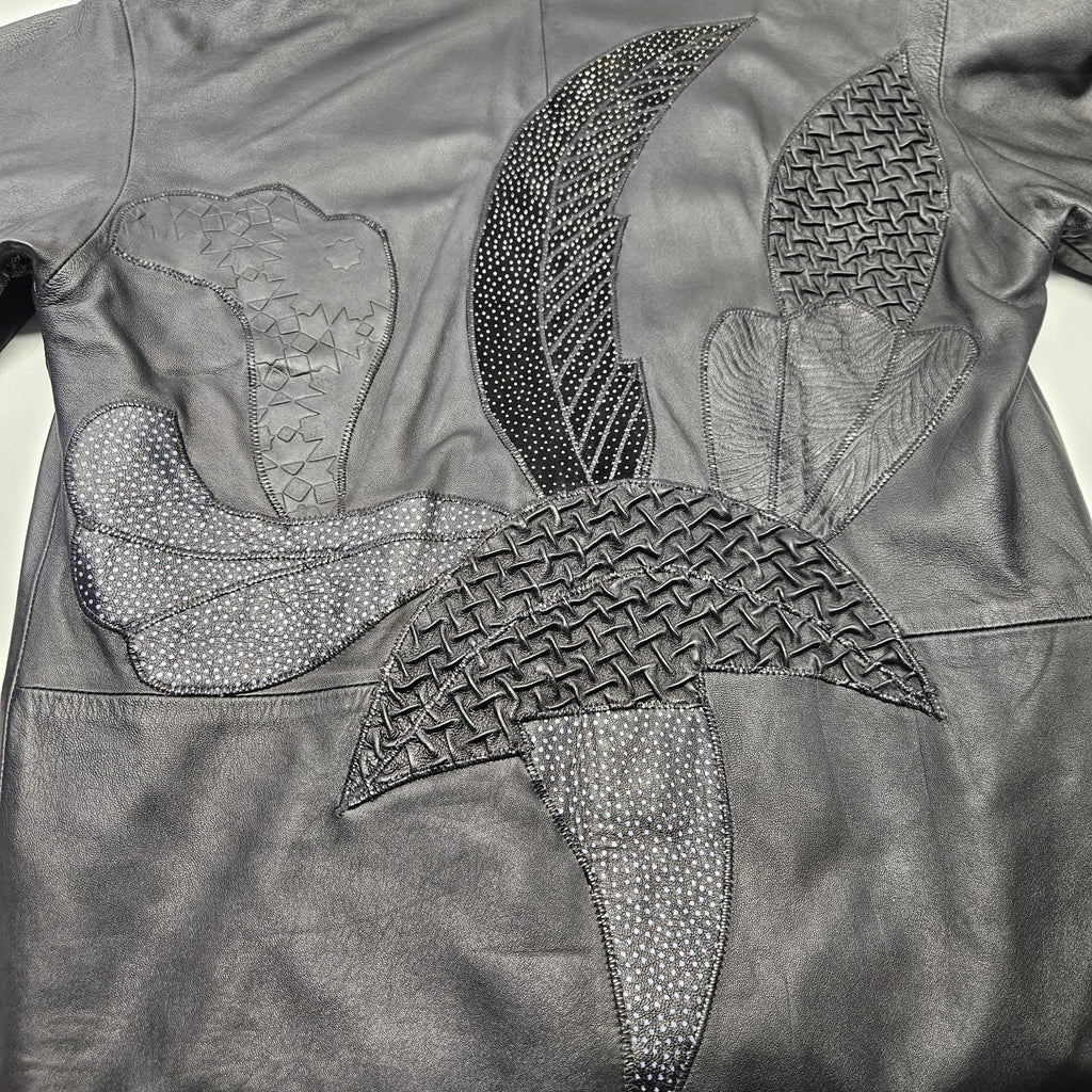 Unique 80s Oversized Black Leather Jacket Patchwork Blazer Medium Edgy Glam Vtg