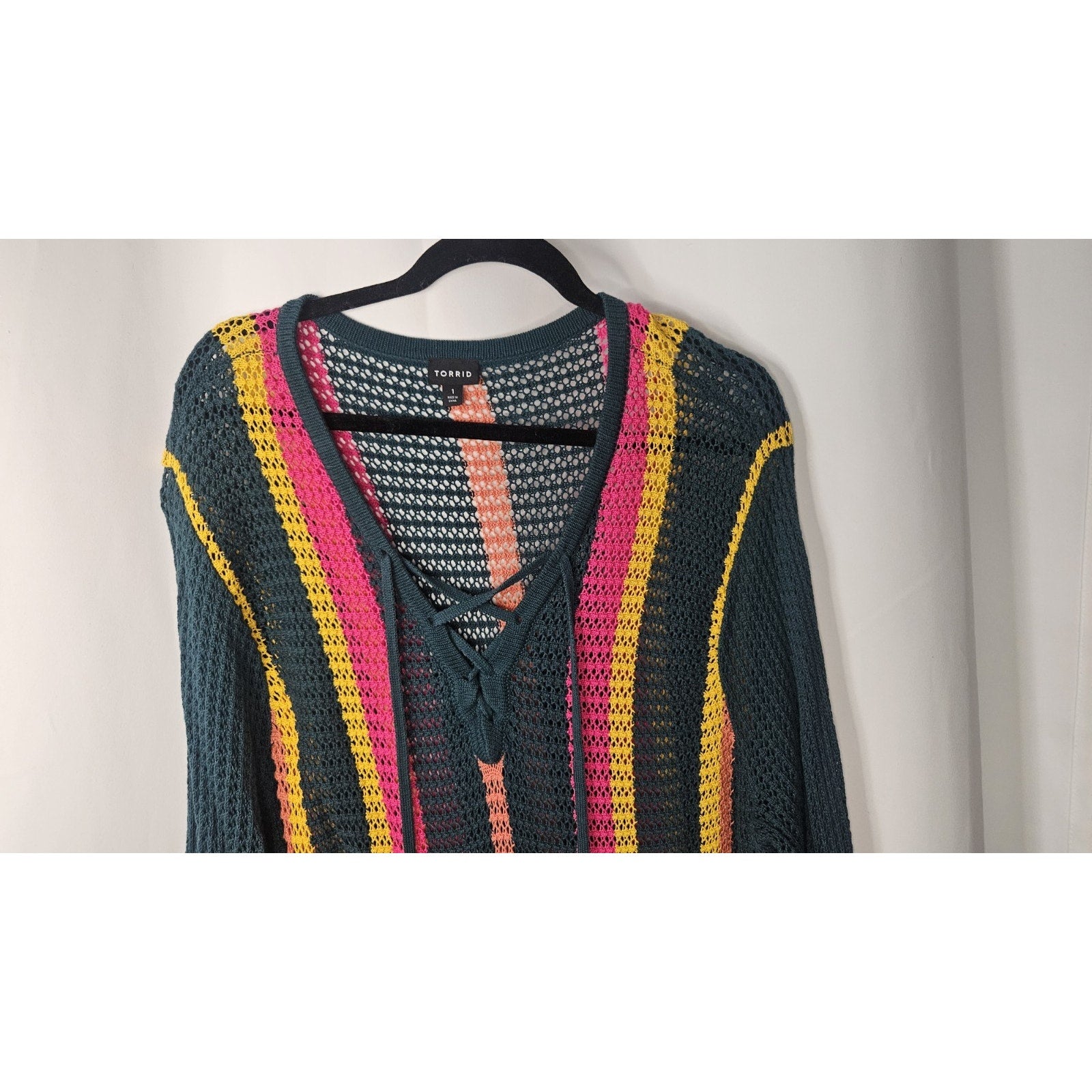Torrid Striped Open Stitch Pullover Fringe Hem Sweater 1X Kangaroo Pocket Boho
