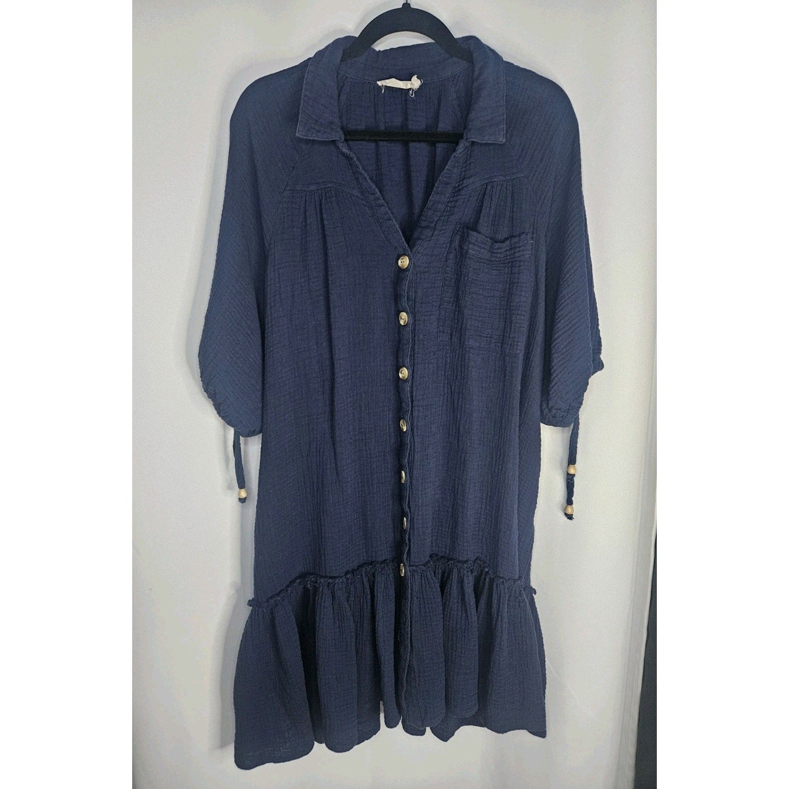 MILLIBON USA Dress Womens Large Tiered Navy Shirtdress Boho Cottagecore