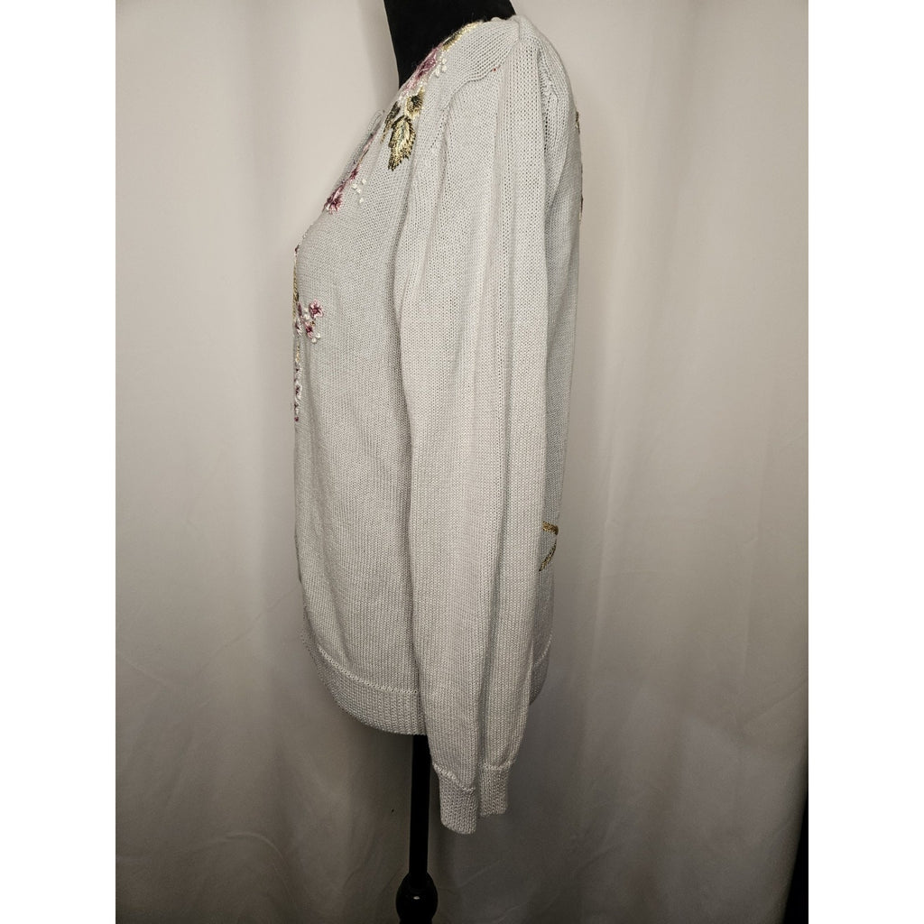 Vtg Heirloom Collectibles Embroidered Floral Cardigan Sweater Medium Cottage