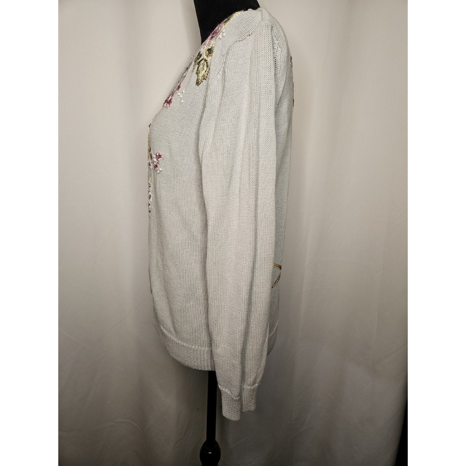Vtg Heirloom Collectibles Embroidered Floral Cardigan Sweater Medium Cottage