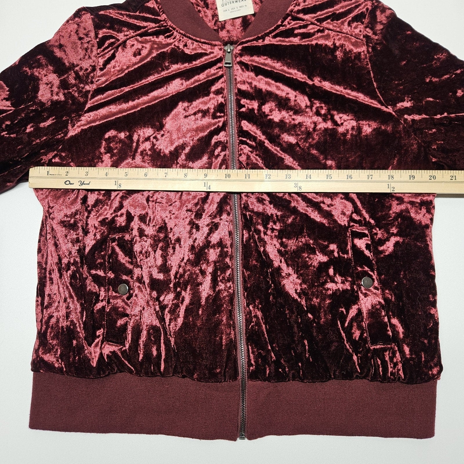Ashley Outerwear Burgundy Crushed Velvet Bomber Jacket Women's Size Large