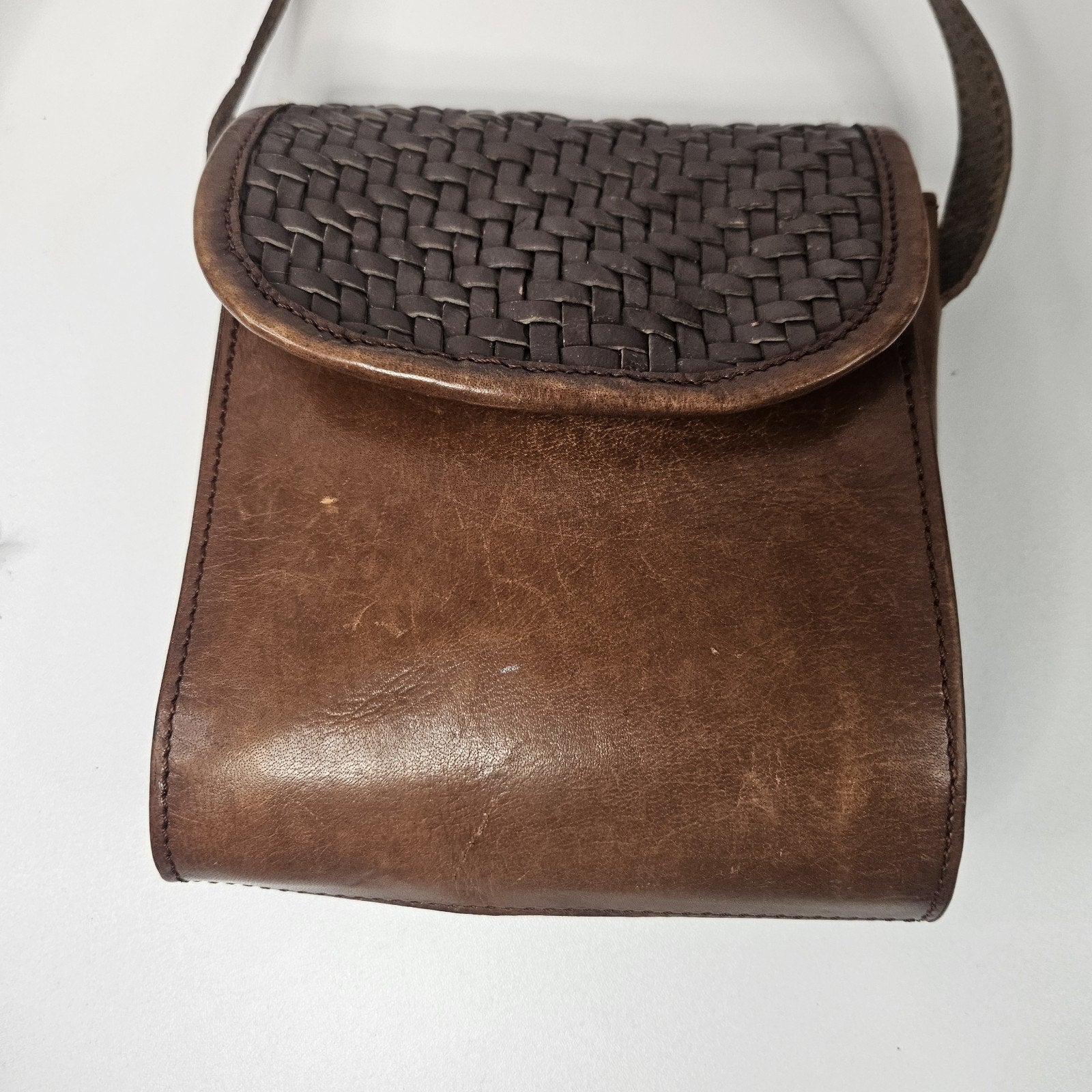 1970s Brown Leather Crossbody Purse Basket Weave Opening Boho Woven Bag Western