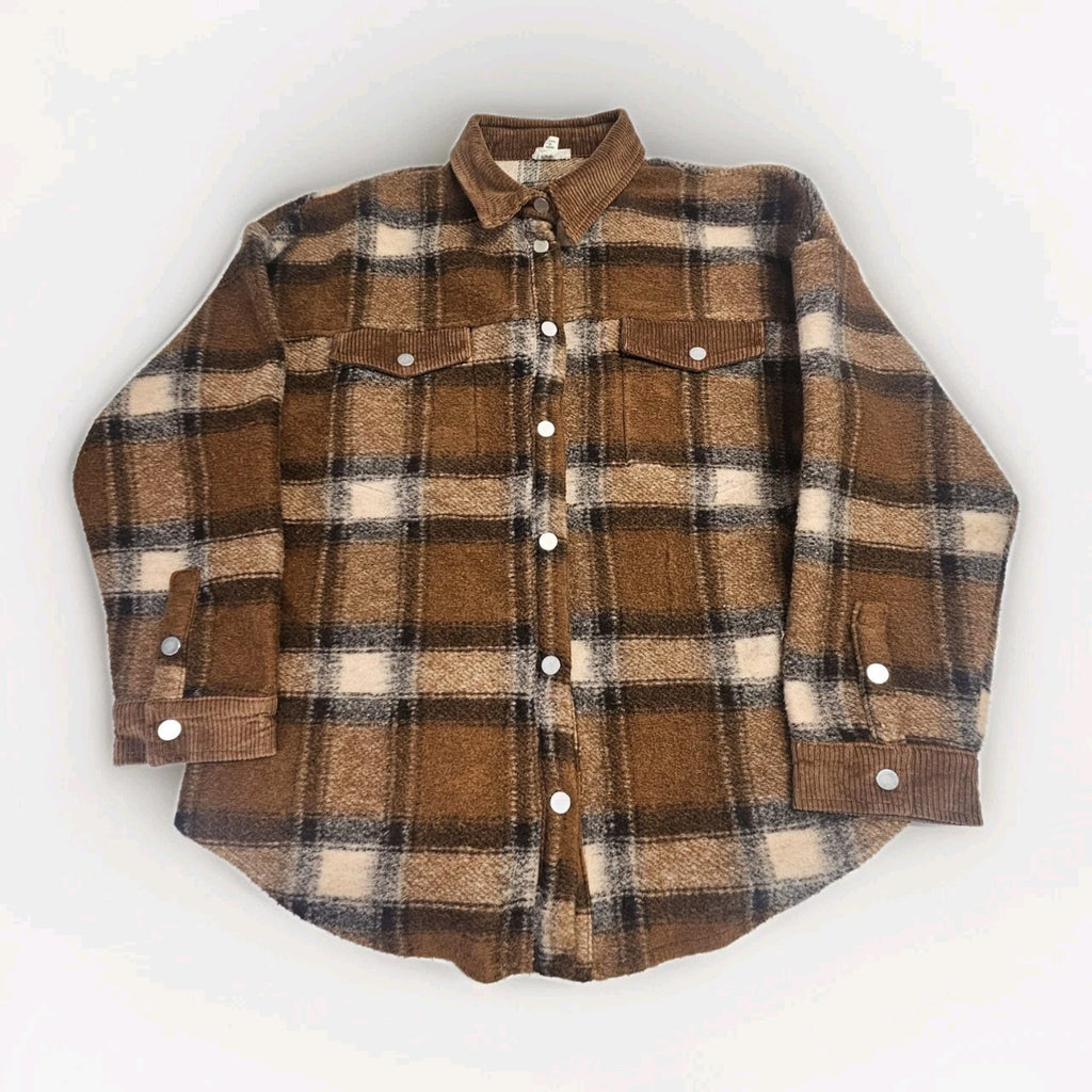 POL Brown Plaid Fleece Jacket Shacket Pockets Medium Barn Coat