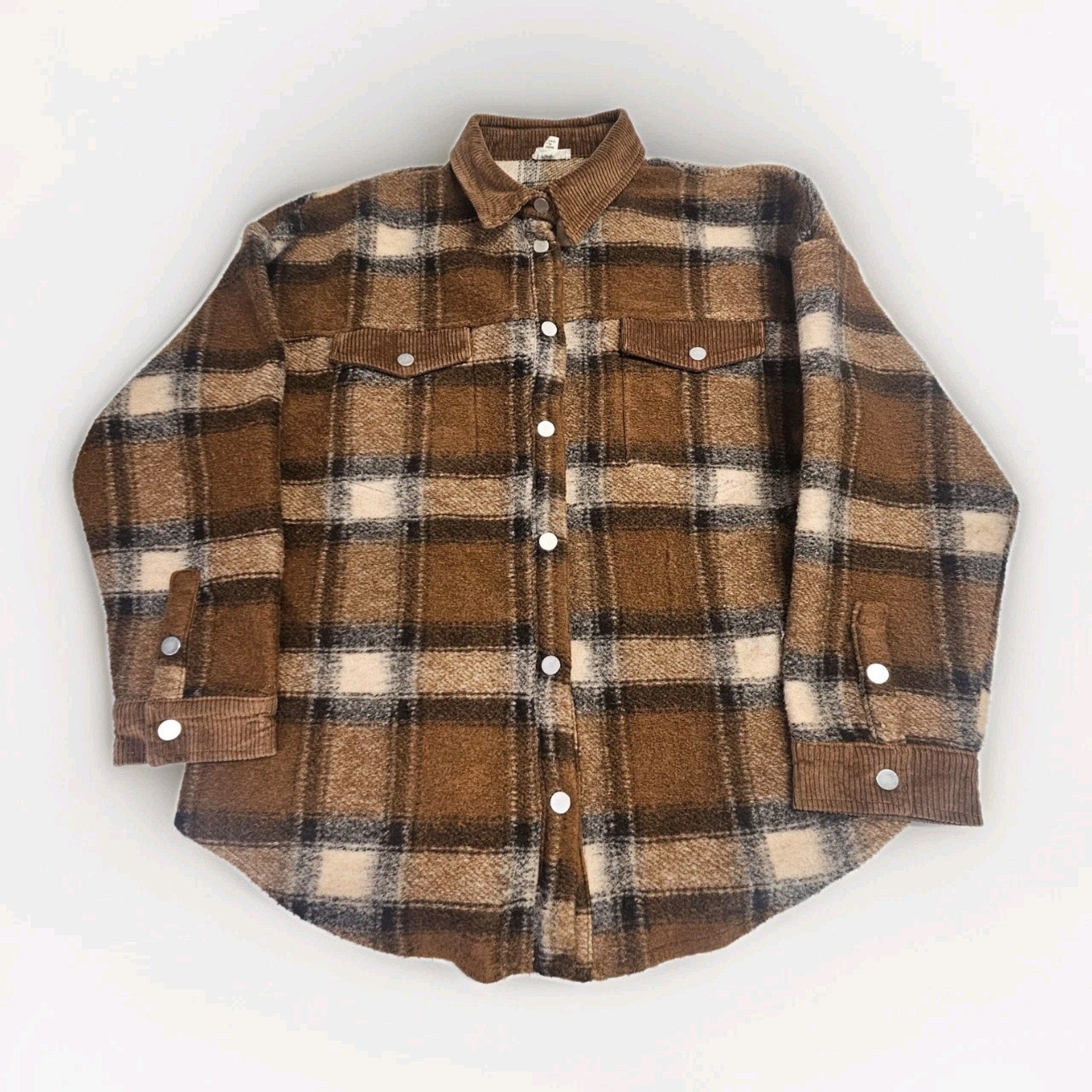 POL Brown Plaid Fleece Jacket Shacket Pockets Medium Barn Coat