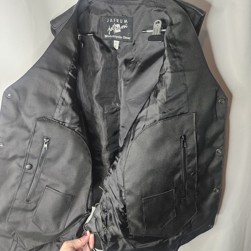 Jafrum Motorcycle Biker Black Leather Vest Side Laces Mens XL Inner Zip Pockets