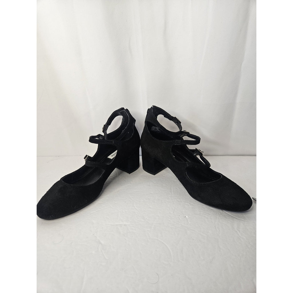 Steve Madden Black Suede Round Toe Pump Triple Adj Strap 2 Heel HEDLEY Size 8.5M