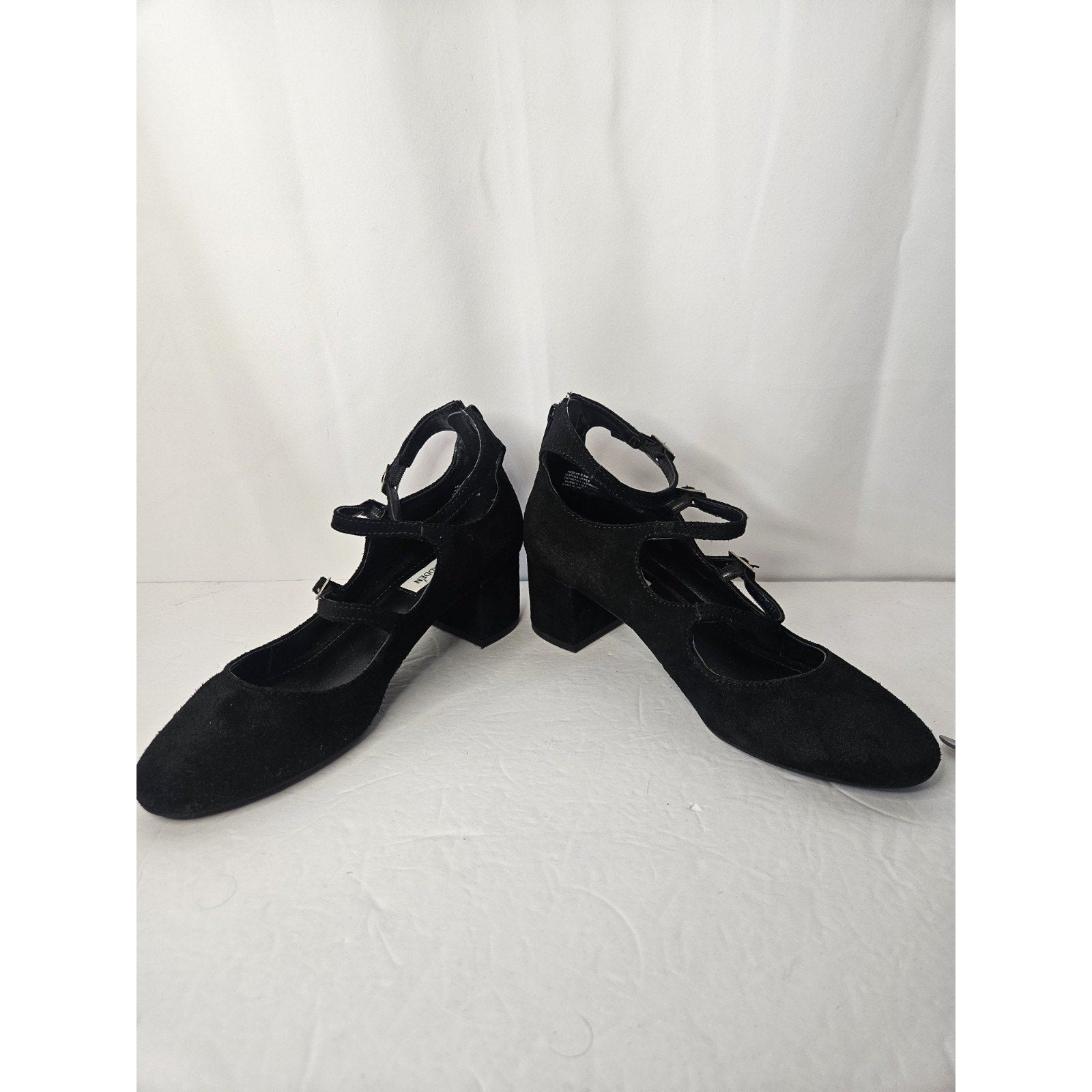 Steve Madden Black Suede Round Toe Pump Triple Adj Strap 2 Heel HEDLEY Size 8.5M