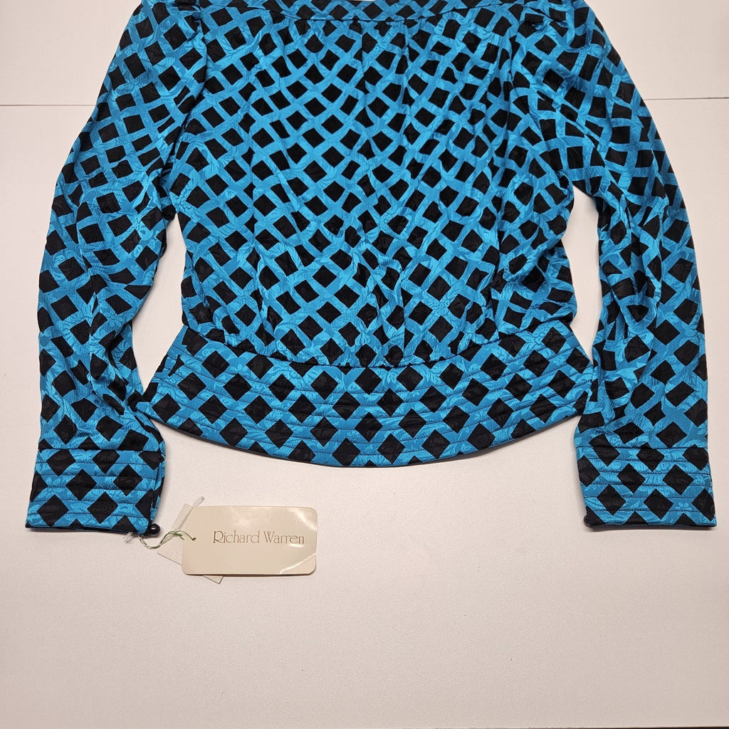 NWT Vtg 80s 100% Silk Jacquard Puff Sleeve Check Top w Scarf Blue Black Sz 10