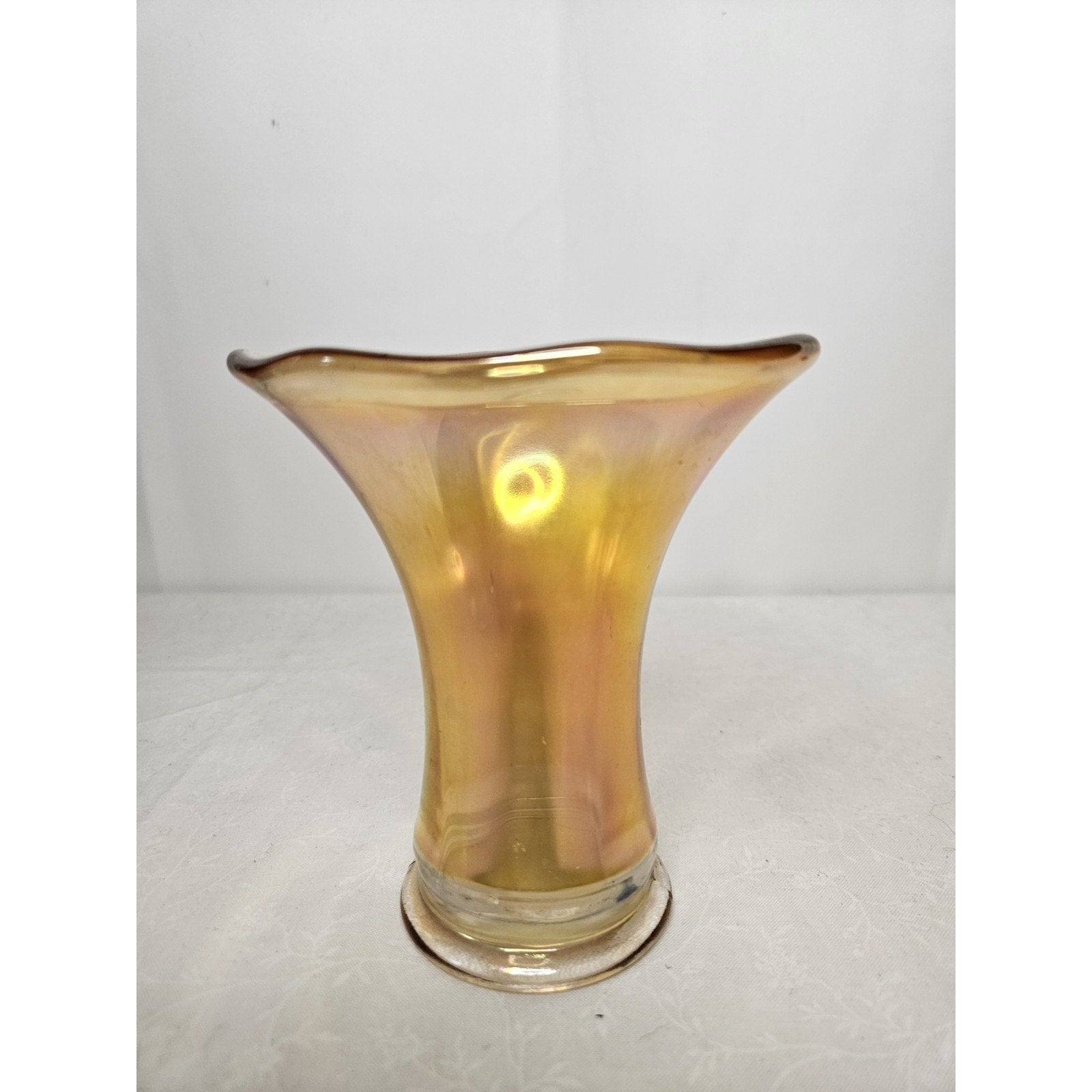 Vintage Art Glass Vase Set Iridescent Wide Flared Rim 5" Tall Scalloped Rim