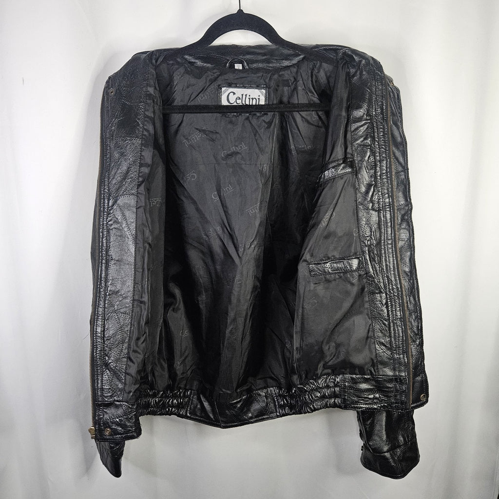 Vtg 90s Cellini Black Leather Bomber Jacket Stitch Mosaic Moto Jacket Coat- Med