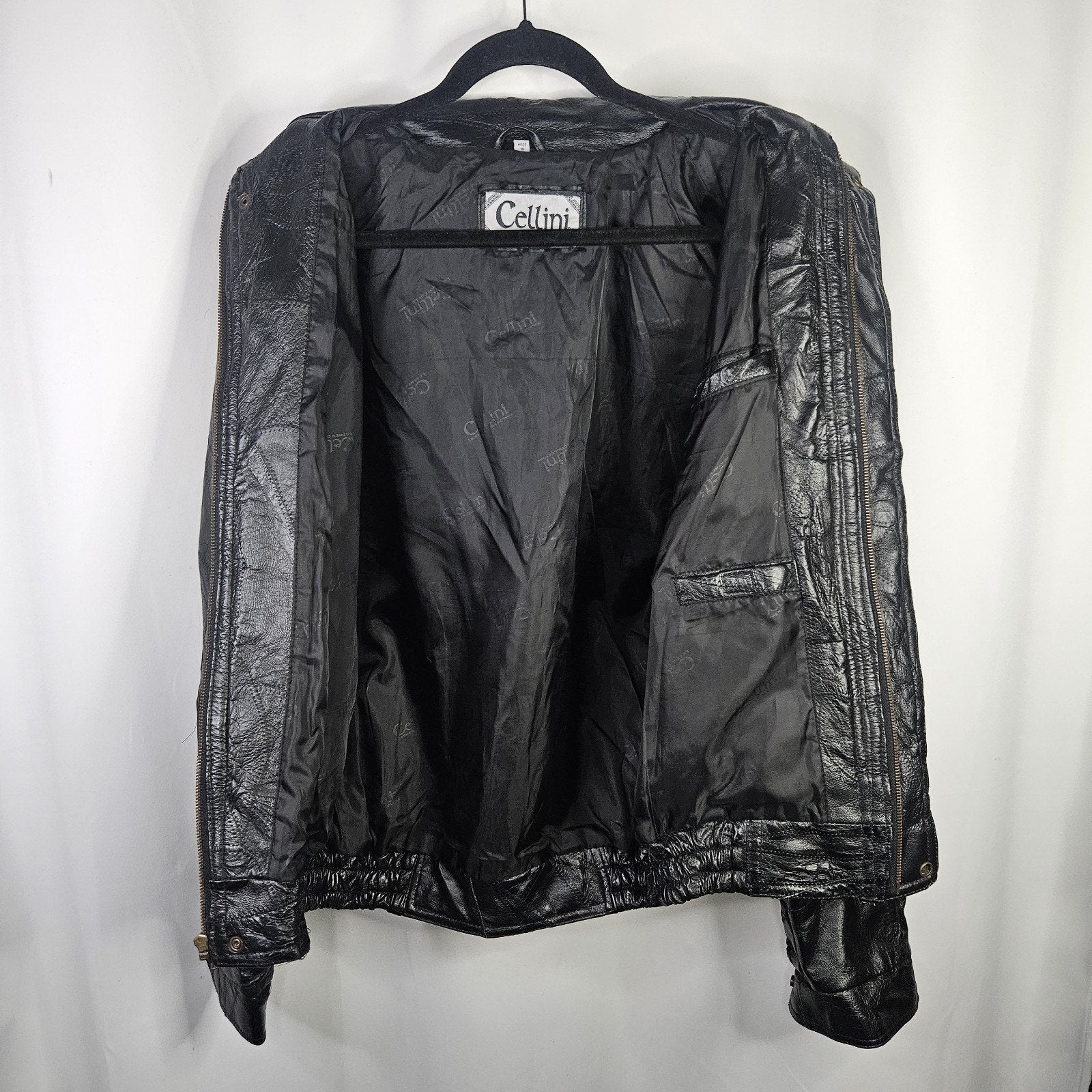 Vtg 90s Cellini Black Leather Bomber Jacket Stitch Mosaic Moto Jacket Coat- Med