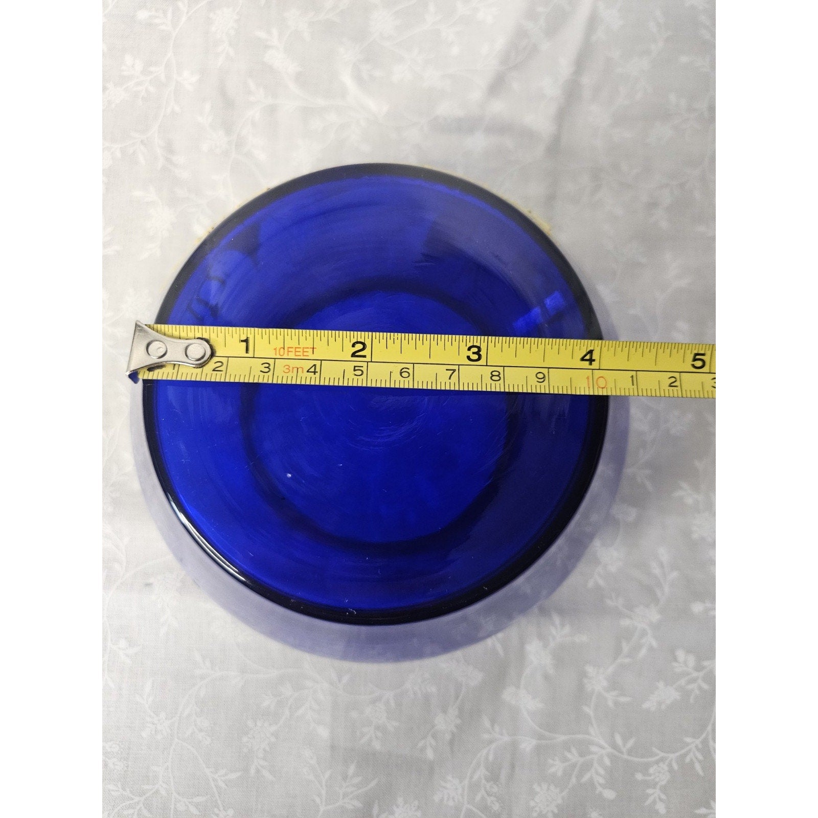 Bohemian Art Glass Short Vase in Cobalt Blue with Enameled Flowers & Gold Detail