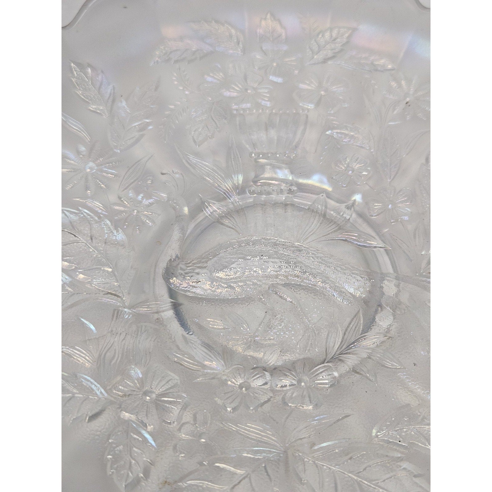 White Northwood Carnival Glass Peacock & Urn Large Bowl Ice Blue Cream Bowl 10in