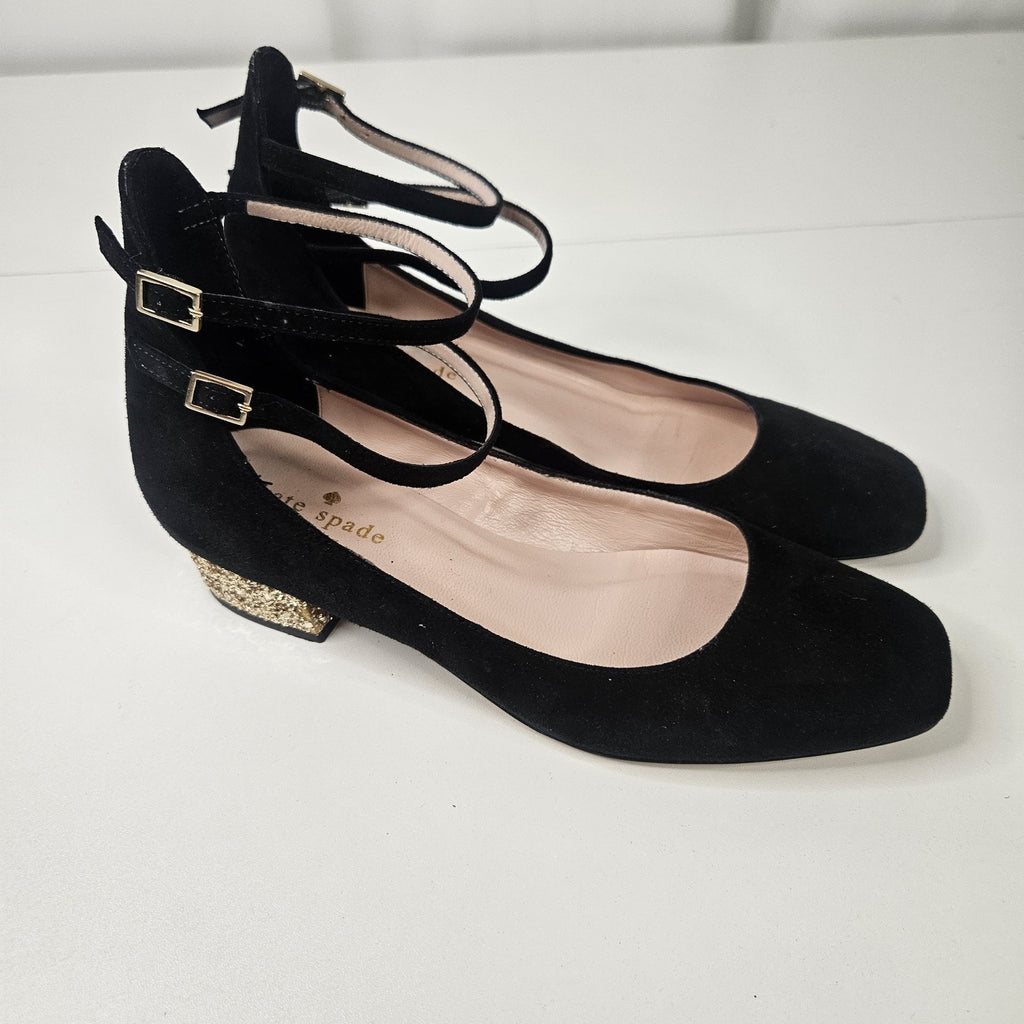 Kate Spade Black Mary Jane Suede Gold Glitter Block Shoe 6M Dbl Strap Square Toe