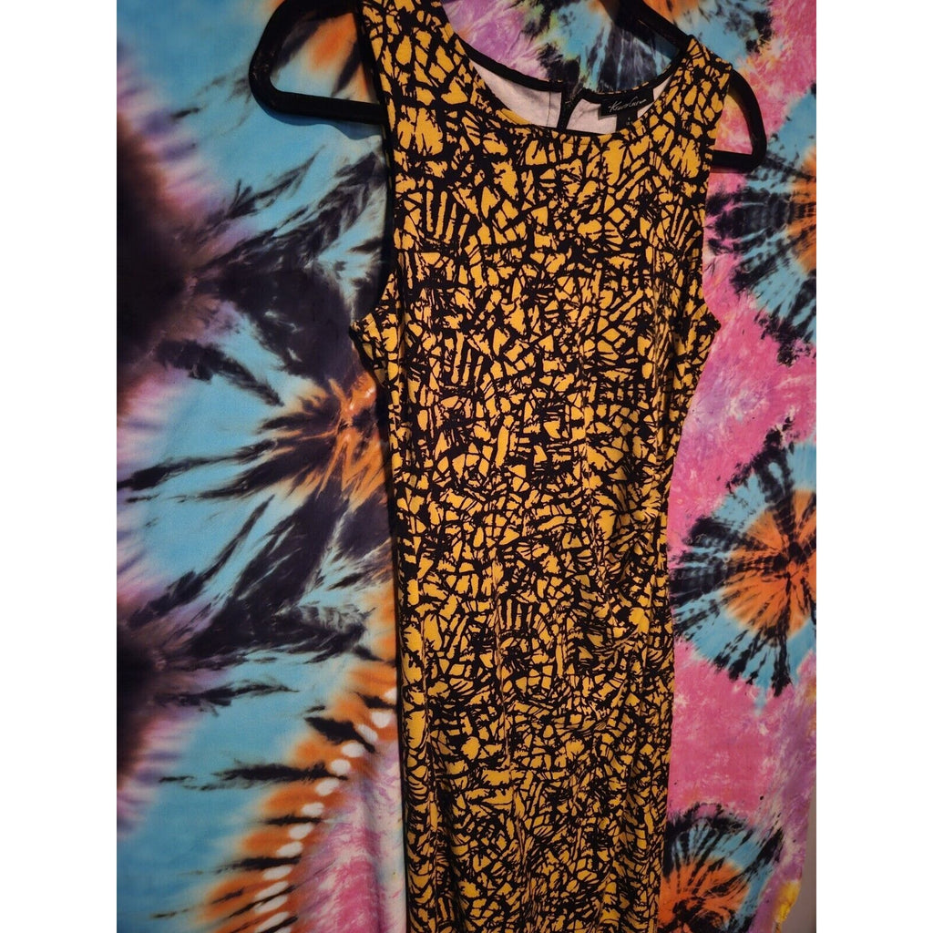 Vintage Kenneth Cole Body Con Zipper Ruched Dress Yellow & Black Abstract Print Size 4
