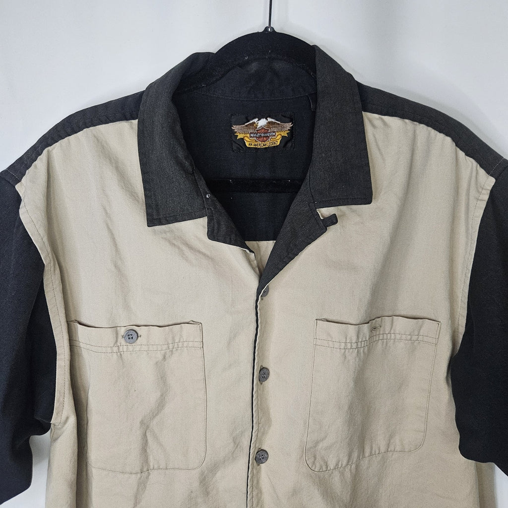 Vintage Harley Davidson Button Up Short Sleeve Shirt Mechanic Motorcycle Mens XL