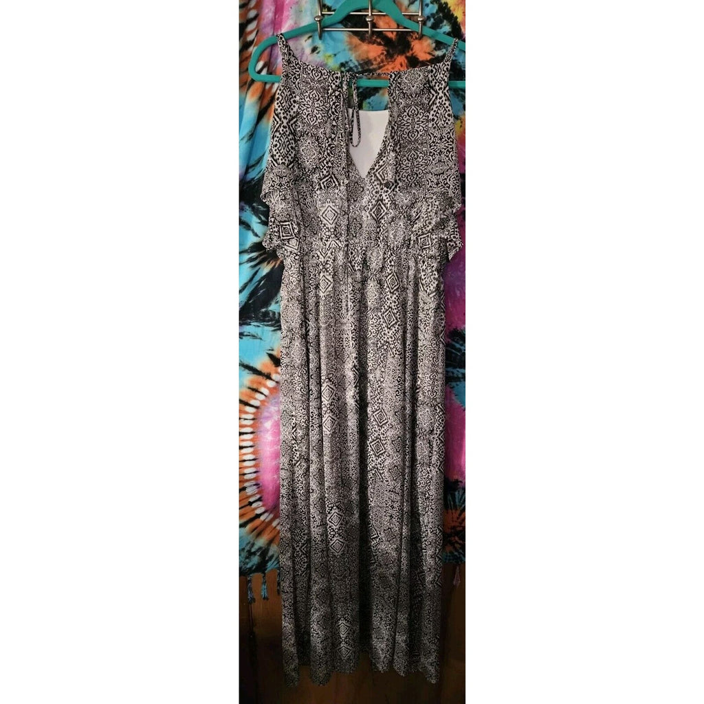 Torrid Black White Patterned Maxi Dress Lined Tie V-Neck Ruffle Sleeves Size 1