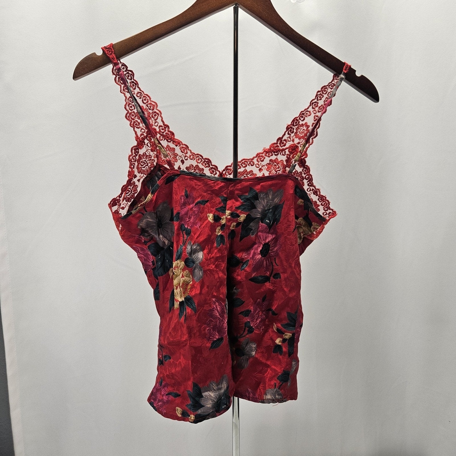 Vintage Silkscreen 100% Silk Camisole Tank Small Red Lace 90s Y2K Fairy